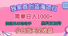 独家首创蓝海项目，简单日入1000+，简简单单动动手，黑科技加持，小白当天见收益