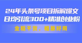 24年头条号项目拆解爆文，日均引流300+精准创业粉，全程干货，粗暴好用