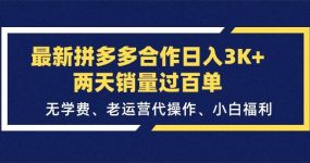最新拼多多合作日入3K+两天销量过百单，无学费、老运营代操作、小白福利