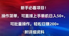 新手必看项目！操作简单，可直接上手，单机日入50+，可批量操作，轻松日赚200+，附详细资料