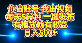 你出账号我出视频，每天5分钟，一键发布，有播放就有收益，日入500+
