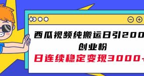 西瓜视频纯搬运日引200+创业粉，日连续变现3000+实操教程！