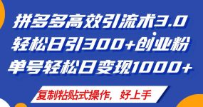拼多多店铺引流技术3.0，日引300+付费创业粉，单号轻松日变现1000+