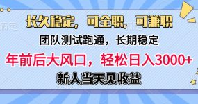日入3000+，团队测试跑通，长久稳定，新手当天变现，可全职，可兼职