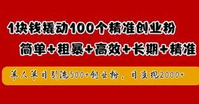 1块钱撬动100个精准创业粉，简单粗暴高效长期精准，单人单日引流500+创业粉，日变现2000+